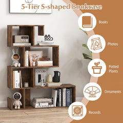 5-Tier S-Shaped Bookshelf Geometric Z-Shelf Bookcase with Open Cubes-Rustic Brown
