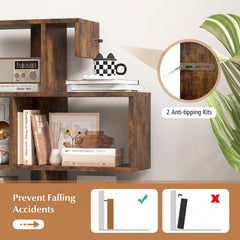 5-Tier S-Shaped Bookshelf Geometric Z-Shelf Bookcase with Open Cubes-Rustic Brown