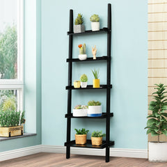 5 Tier Black Ladder Shelf, Wall Leaning Display Rack for Plants and Books