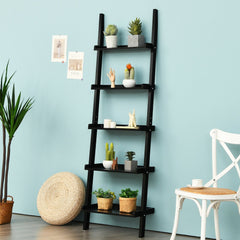 5 Tier Black Ladder Shelf, Wall Leaning Display Rack for Plants and Books
