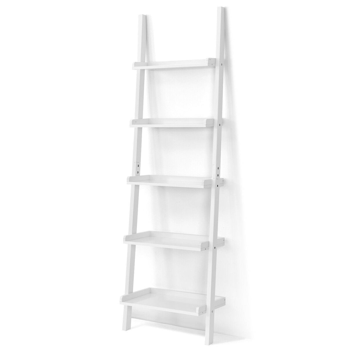 5 Tier White Ladder Shelf, Wall Leaning Display Rack for Plants and Books