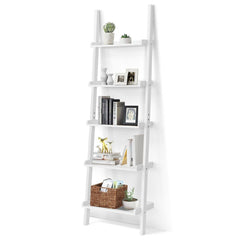 5 Tier White Ladder Shelf, Wall Leaning Display Rack for Plants and Books
