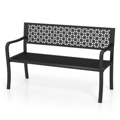 50 Inch Garden Bench with Patterned Backrest and Curved Armrests for 2-3 Person-Black