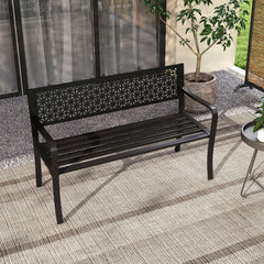 50 Inch Garden Bench with Patterned Backrest and Curved Armrests for 2-3 Person-Black