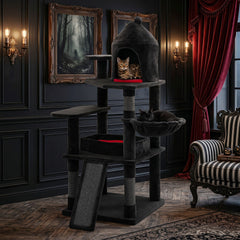50 Inch Gothic Cat Tree with Castle House, Coffin Bed, Sisal Ramp and Rotatable Basket