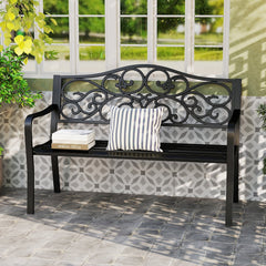 50 Inches Outdoor Garden Bench with Floral Design Backrest and Slatted Seat-Black