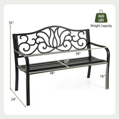 50 Inches Outdoor Garden Bench with Floral Design Backrest and Slatted Seat-Black