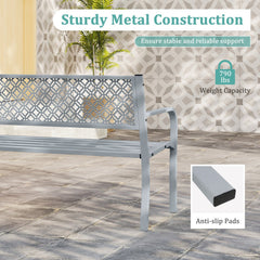 50 Inches Outdoor Garden Bench with Geometric Lattice Backrest and Slatted Seat-Gray