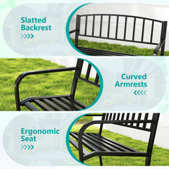 50 Inches Outdoor Garden Bench with Slatted Backrest and Curved Armrests-Black
