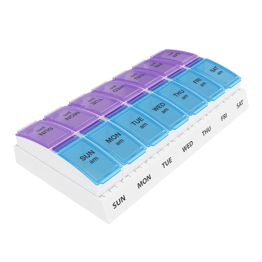 Ezy Dose Weekly AM/PM Pill Organizer, 7-Day Vitamin and Medication Box with Large Pop-Out Compartments, 2 Times a Day Pill Holder for Easy Dosing, Blue and Purple Lids, Travel-Friendly Design