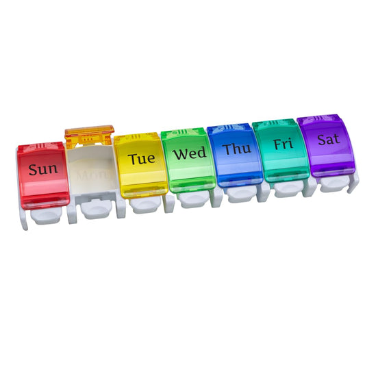 EZY DOSE Weekly 7-Day Pill Planner, Vitamin Organizer and Medicine Case, X-Large Push-Button Compartments for Easy Access, Durable Design with Colorful Rainbow Lids, Perfect for Home and Travel Use