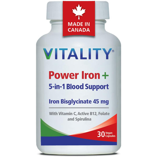 VITALITY Power Iron Bisglycinate High Dose 45mg - with B12 1000mcg, Vitamin C, Folate Folic Acid, High Absorption Blood Builder Iron Supplements for Women & Men with Iron Deficiency, 30 Vegan Capsules