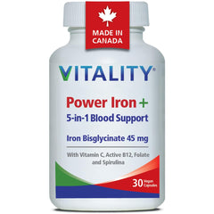 VITALITY Power Iron Bisglycinate High Dose 45mg - with B12 1000mcg, Vitamin C, Folate Folic Acid, High Absorption Blood Builder Iron Supplements for Women & Men with Iron Deficiency, 30 Vegan Capsules