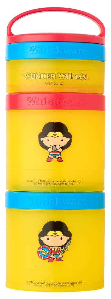 Whiskware Justice League Stackable Snack Containers for Kids and Toddlers, 3 Stackable Snack Cups for School or Travel, Wonder Woman