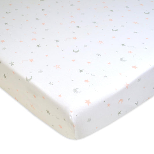 American Baby Company 100% Natural Cotton Fitted Mini Crib Sheet 38" x 24" - Soft & Breathable Small Nesting Portable Crib Sheet, Fits Pack N Play Mattresses, Pink Stars and Moons, for Boys & Girls