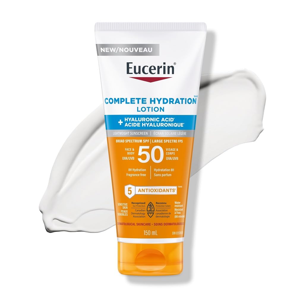 Eucerin Sun Complete Hydration Body & Face Sunscreen Lotion SPF 50 | Sunscreen SPF 50 with Hyaluronic Acid | Lightweight, Fragrance Free, Won’t clog pores | 150 mL Tube