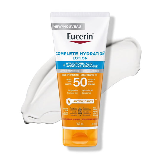 Eucerin Sun Complete Hydration Body & Face Sunscreen Lotion SPF 50 | Sunscreen SPF 50 with Hyaluronic Acid | Lightweight, Fragrance Free, Won’t clog pores | 150 mL Tube