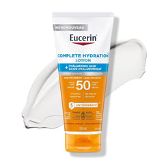 Eucerin Sun Complete Hydration Body & Face Sunscreen Lotion SPF 50 | Sunscreen SPF 50 with Hyaluronic Acid | Lightweight, Fragrance Free, Won’t clog pores | 150 mL Tube