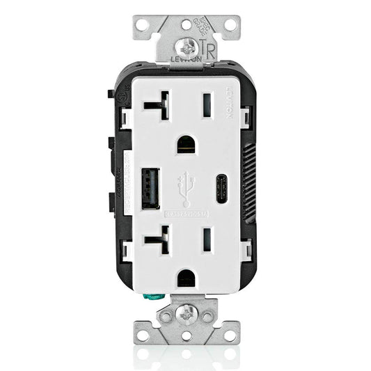Leviton USB Type A-C Receptacle, 20 Amp, Tamper-Resistant, T5833-00W, White