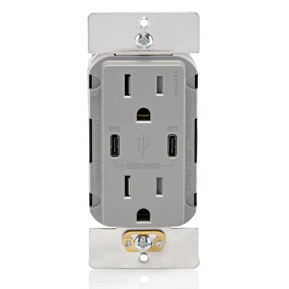 Leviton USB Dual Type-C Receptacle, 15 Amp, Tamper-Resistant, T5636-00G, Grey