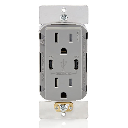 Leviton USB Dual Type-C Receptacle, 15 Amp, Tamper-Resistant, T5636-00G, Grey