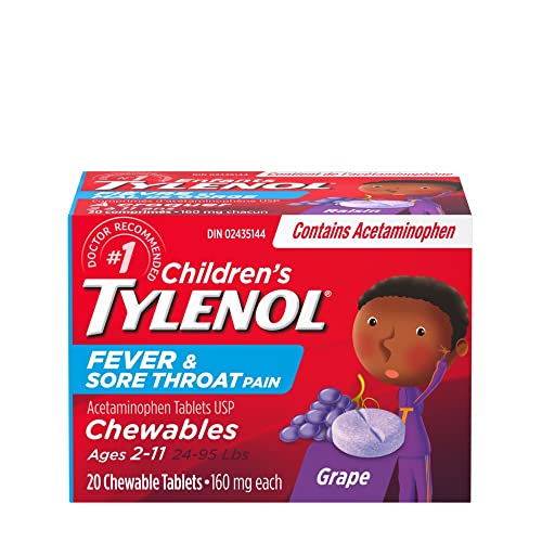 TYLENOL Children's Fever and Sore Throat Pain Chewables, Relieves Fever and Sore Throat Pain 20ct, Grape Flavour, For ages 6-11yrs