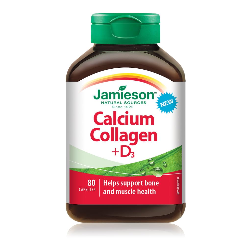 Jamieson Calcium 250 mg, Collagen 150 mg, Plus Vitamin D3 500 IU Capsules, Hydrolyzed Collagen, Supports Bone Health, Muscle Function, Helps Prevent Osteoporosis and Bone Loss. Non-GMO, Gluten-Free, 80 Count, Proudly Canadian