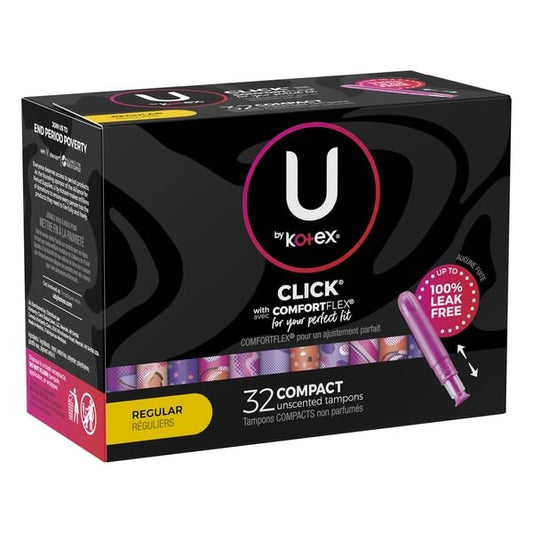 U by Kotex Click Compact Tampons, Regular Absorbency, Unscented, 32 Count