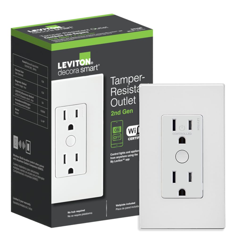 Leviton Decora Smart Outlet, Tamper-Resistant 15A, Wi-Fi 2nd Gen, D215R-2RW, White