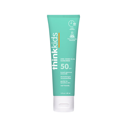 Thinkkids Safe Mineral Sunscreen SPF 50 plus, 3 Fl Oz, Natural Sunblock for Children - Water Resistant Sun Cream – Broad Spectrum Sun Protection – Vegan, Reef Friendly Sun Screen