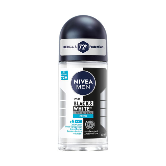 NIVEA MEN Black & White Invisible Roll-On Antiperspirant Deodorant with 72-Hr Odour, Sweat and Stain Protection, Fresh Scented Men's Deodorant, Non-Sticky, Ethyl Alcohol Free, 50mL