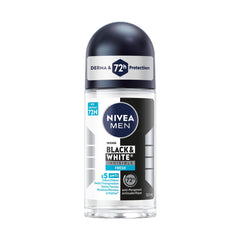 NIVEA MEN Black & White Invisible Roll-On Antiperspirant Deodorant with 72-Hr Odour, Sweat and Stain Protection, Fresh Scented Men's Deodorant, Non-Sticky, Ethyl Alcohol Free, 50mL