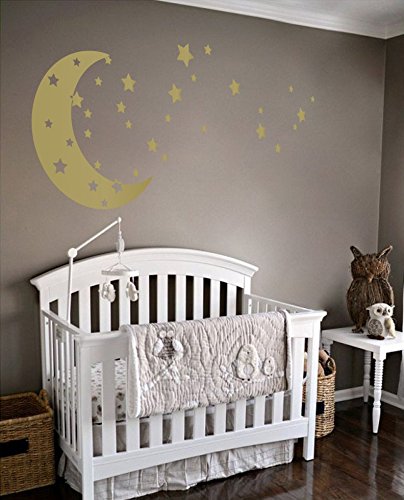 Moon and Stars Night Sky Vinyl Wall Art Decal Sticker Design for Nursery Room DIY Mural Decoration (Gold, 22x49 inches)