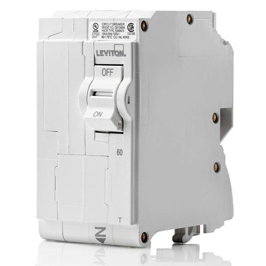 Leviton 2-Pole Plug-On Standard Branch Circuit Breaker 60 Amp, Thermal Magnetic, 120/240 VAC, LB260-T, White