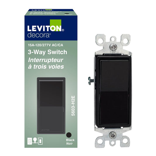 Leviton Decora Rocker 3-Way Switch, 15 Amp, 5603-H2E, Black