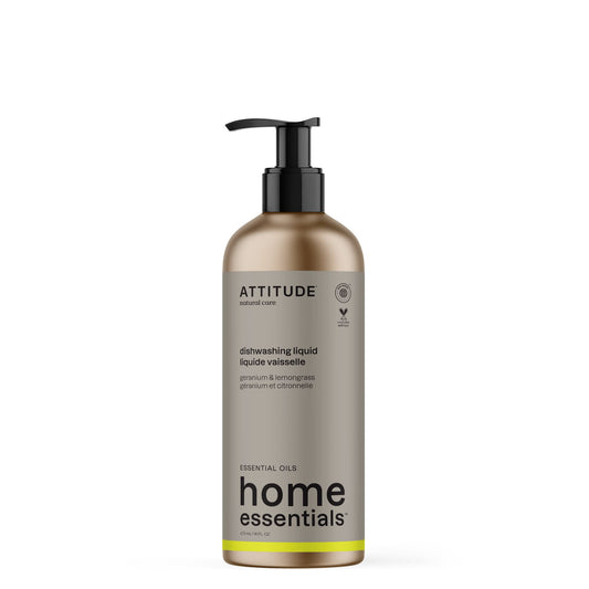 ATTITUDE Dish Soap with Essential Oils, Made in Canada, EWG Verified, Plant and Mineral-Based Ingredients, Vegan Household Products, Geranium and Lemongrass, Refillable Aluminum Bottle, 473 mL
