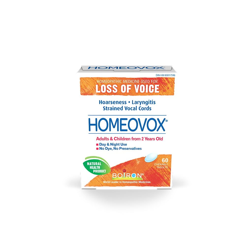 Boiron Homeovox used to relief hoarseness, loss of voice, laryngitis and strained vocal cords. 60 Tablets. Adults and Children from 2 years old.