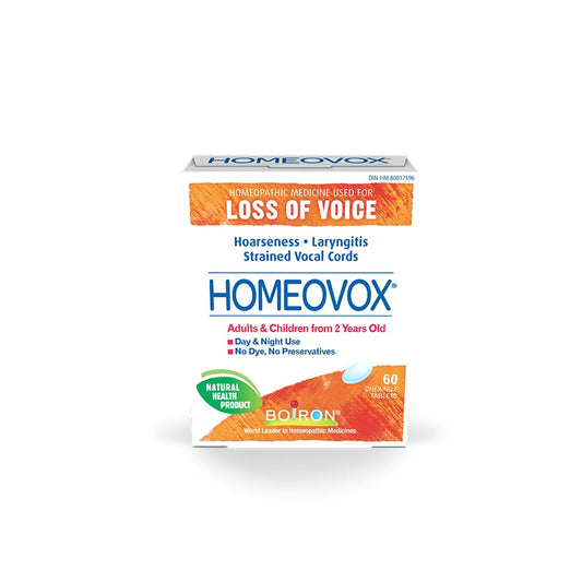 Boiron Homeovox used to relief hoarseness, loss of voice, laryngitis and strained vocal cords. 60 Tablets. Adults and Children from 2 years old.