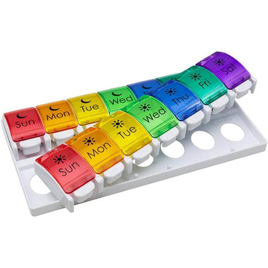 EZY DOSE Weekly (7-Day) Pill Case, Medicine Planner, Vitamin Organizer, 2 Times a Day AM/PM, Removeabale Trays, Large Push Button Compartments, Easy to Use, Arthritis Friendly, Rainbow Lids, BPA Free