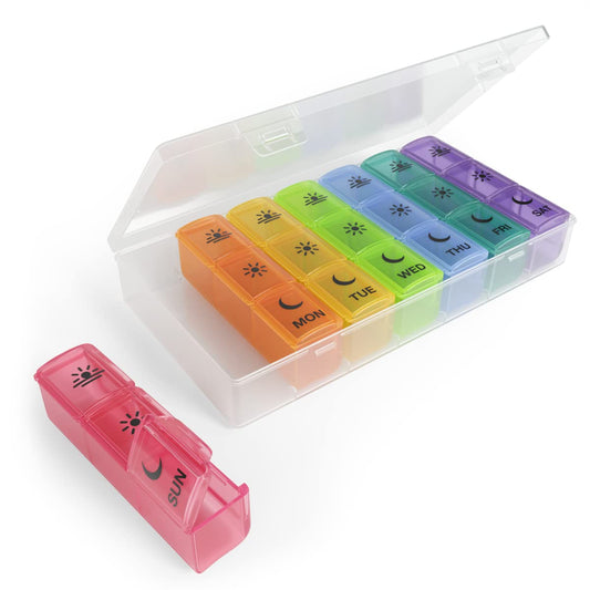 Ezy Dose Weekly (7-Day) Pill Organizer, Vitamin and Medicine Box, X-Large Pop-Out Compartments, 3 Times a Day, Rainbow Lids with Case, 1 Count (Pack of 1)