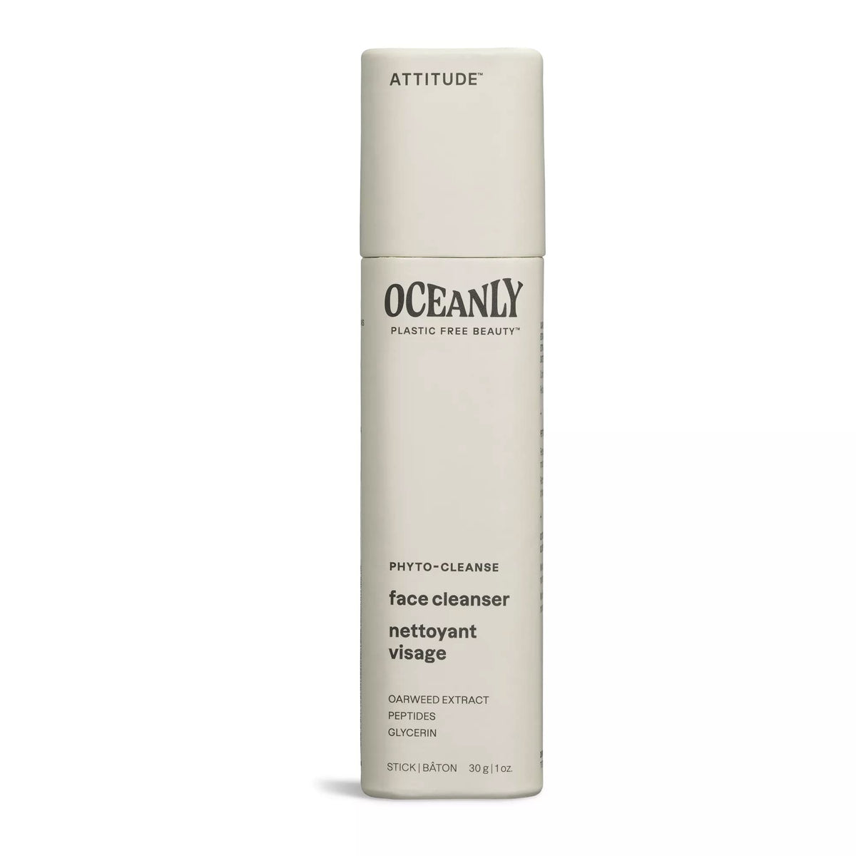ATTITUDE Oceanly Face Cleanser Stick, Made in Canada, EWG Verified, Plastic-free, Plant and Mineral-Based Ingredients, Vegan and Cruelty-free Beauty Products, PHYTO CLEANSE, Unscented, 30 grams