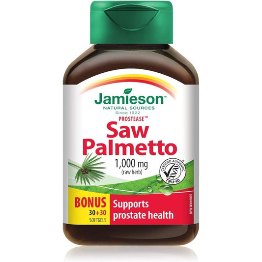 Jamieson Protease Saw Palmetto 1,000 mg, Urinary Health, Supports Prostate Health and Function, and Provides BPH Support. Gluten-Free, Lactose-Free, 60 Softgels, Proudly Canadian