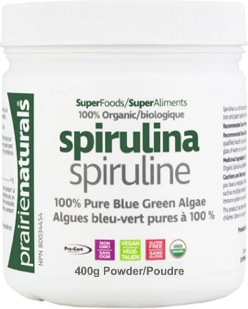 Prairie Naturals Organic Spirulina Blue Green Algae Powder - 400 Gram