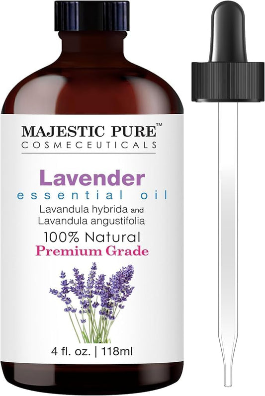 Majestic Pure Essential Oil with Glass Dropper - 100% Pure and Natural - Essential Oils for Diffuser, Aromatherapy, Soap and Candle Making, Lavender Essential Oil, Lavender Oil, 4 Fl Oz