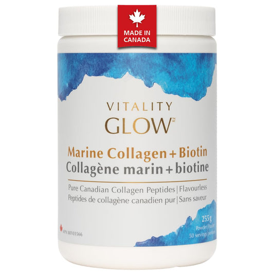 VITALITY GLOW Canadian Marine Collagen Powder with Biotin & Vitamin C – Wild-Caught North Atlantic Fish, Hydrolyzed Collagen Peptides for Skin, Hair & Nails, Third-Party Tested, Unflavoured – 50 Servings