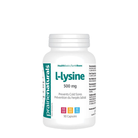 Prairie Naturals Lysine 500mg- 90 capsules- helps to reduce the recurrent of herpes simplex virus(HSV) infection (i.e.: cold sores) and is an essential amino acid. Lysine also helps in collagen formation. Non-GMO, Gluten Free