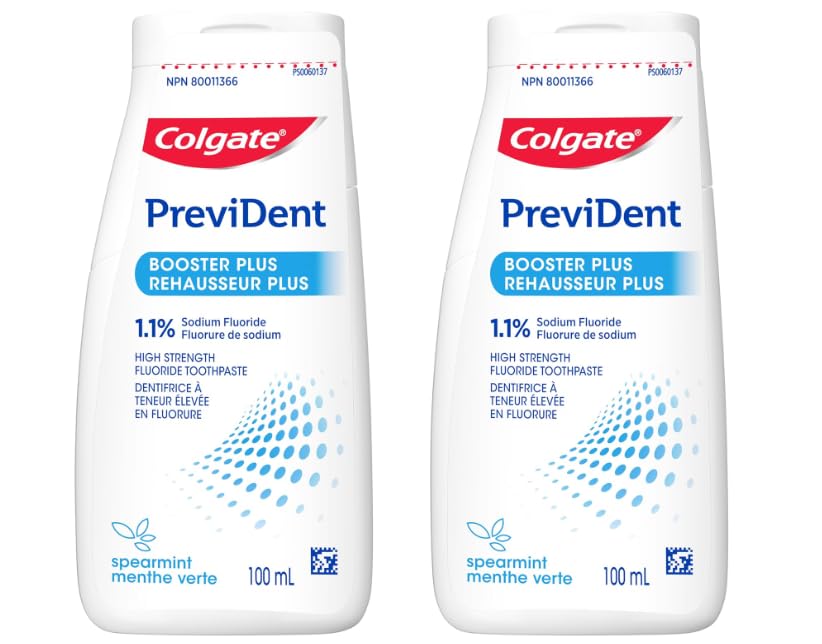 Colgate PreviDent Booster Plus Toothpaste - Spearmint, 100mL - Fluoride Enamel Protection, Sensitive Teeth Relief, Travel Size - Dentifrice for Daily Oral Care (2 pack)