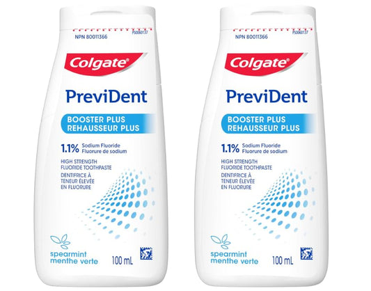 Colgate PreviDent Booster Plus Toothpaste - Spearmint, 100mL - Fluoride Enamel Protection, Sensitive Teeth Relief, Travel Size - Dentifrice for Daily Oral Care (2 pack)