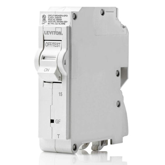 Leviton LB115-GFT 15A 1-Pole Plug-On GFCI Branch Circuit Breaker, Thermal Magnetic, 120 VAC, White