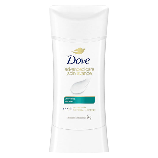 Dove Advanced Care Antiperspirant Deodorant for Women Unscented with Pro-Ceramide Technology for Soft, Resilient Skin, 74g